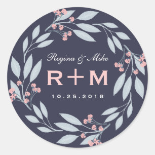 Pink Blue Leaf Flower Wreath Wedding Favor Sticker