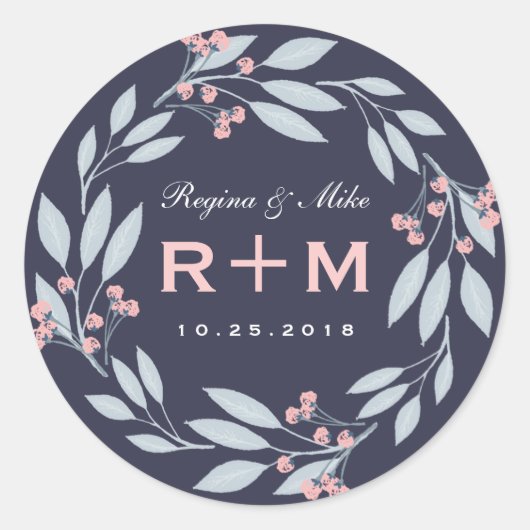Pink Blue Leaf Flower Wreath Wedding Favor Sticker (Devant)