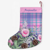 Pink Blue Tartan Roses Pinecones Personalized Kleine Kerstsok (Achterkant)