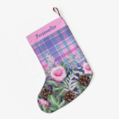Pink Blue Tartan Roses Pinecones Personalized Kleine Kerstsok (Achterkant (Hangend))