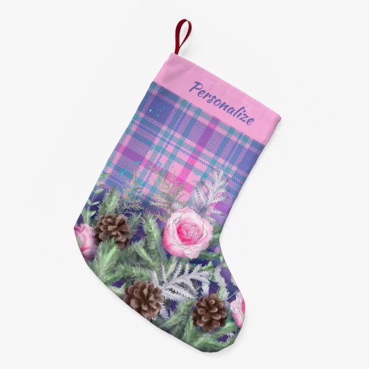 Pink Blue Tartan Roses Pinecones Personalized Kleine Kerstsok (Voorkant (Hangend))