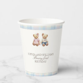 Pink blue Twins Beary First Birthday Paper Cups Papieren Bekers