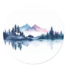 Pink & Blue Watercolor Mountains & Dark Pine Trees