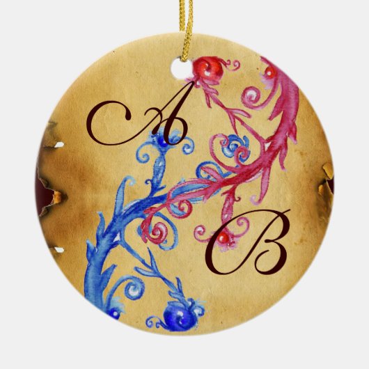 PINK BLUE WEDDING SWIRLS PARCHMENT GEM MONOGRAM KERAMISCH ORNAMENT (Voorkant)
