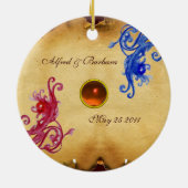 PINK BLUE WEDDING SWIRLS PARCHMENT GEM MONOGRAM KERAMISCH ORNAMENT (Achterkant)