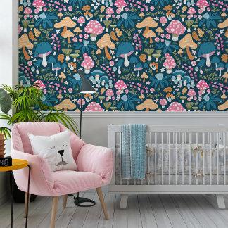Pink Blue Whimsical Mushroom Pattern Nursery Behang