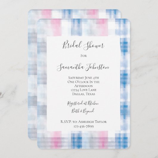 Pink Blue White Plaid Stripes Bridal Shower Kaart (Voorkant / Achterkant)