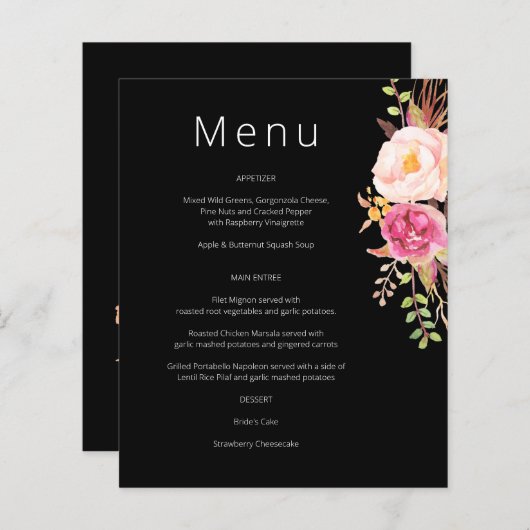 Pink Blush Blooming Floral Menu - Black (Voorkant / Achterkant)