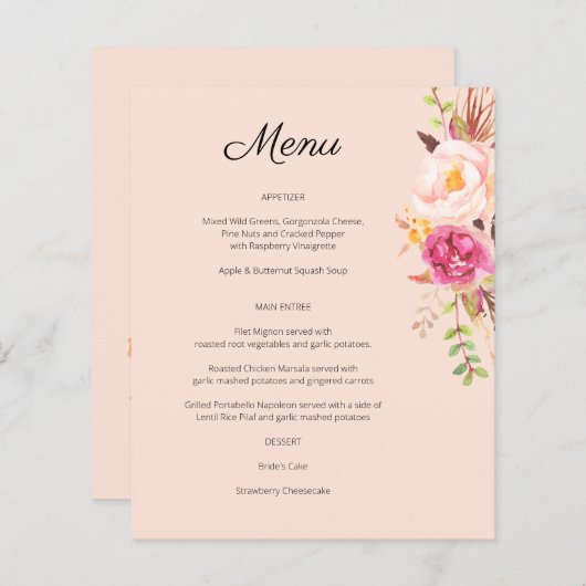 Pink Blush Blooming Floral Menu - Roze (Voorkant / Achterkant)