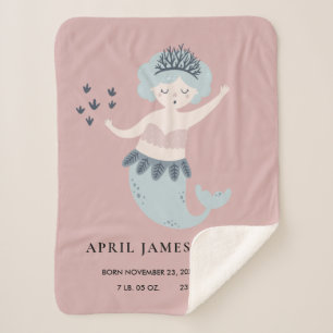 PINK BLUSH BLUE LITTLE MERMAID BABY BIRTH STATS SHERPA DEKEN