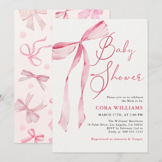 Pink Blush & Bows Baby shower Kaart (Voorkant / Achterkant)