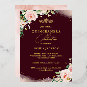Pink Blush Burgundy Floral Quinceanera Birthday Folie Uitnodiging