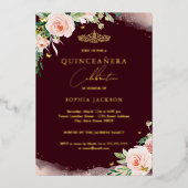 Pink Blush Burgundy Floral Quinceanera Birthday Folie Uitnodiging (Voorkant)