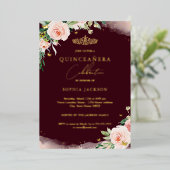 Pink Blush Burgundy Floral Quinceanera Birthday Folie Uitnodiging (Staand Voorkant)