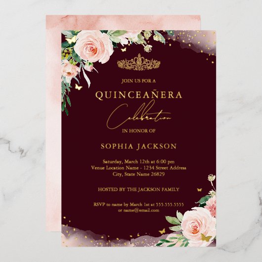 Pink Blush Burgundy Floral Quinceanera Birthday Folie Uitnodiging (Voorkant / Achterkant)