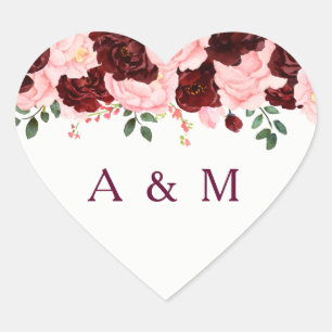 Pink Blush Burgundy Roos Floral Initialen Weddensc Hart Sticker