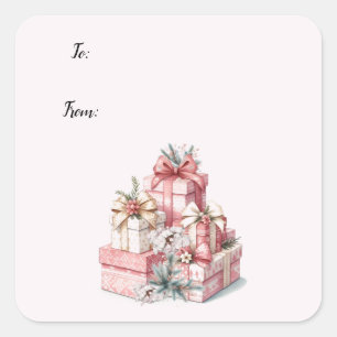 Pink Blush en Blooms Kerstmis Vierkante Sticker