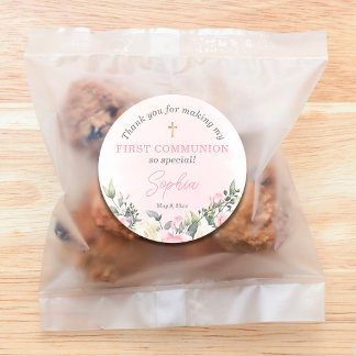 Pink blush First Communion favoriser autocollant p