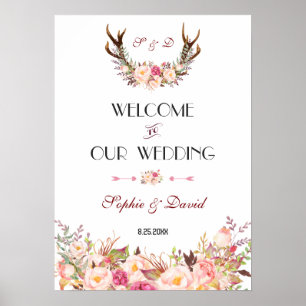 Pink Blush Floral Antlers Welkomstbord Poster