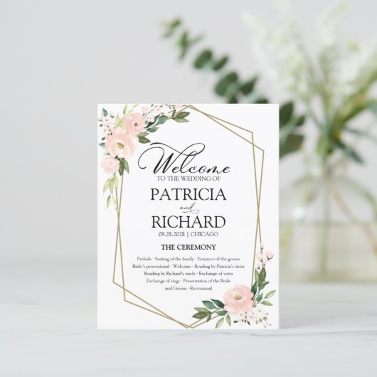 Pink Blush Floral Budget Mariage programme de céré (Debout devant)