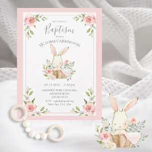 Pink Blush Floral Bunny Rabbit Baptisme Christenin Kaart