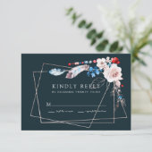 Pink Blush Floral en Boho Blue Feathers Wedding RSVP Kaartje (Staand voorkant)