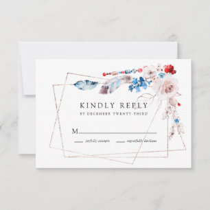 Pink Blush Floral en Boho Blue Feathers Wedding RSVP Kaartje