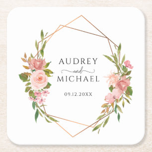 Pink Blush Floral Geometric Lijst Wedding Vierkante Kartonnen Onderzetter