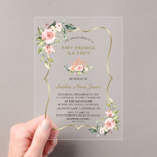 Pink Blush Floral Gold Baby Shower Tea Party Acryl Uitnodigingen