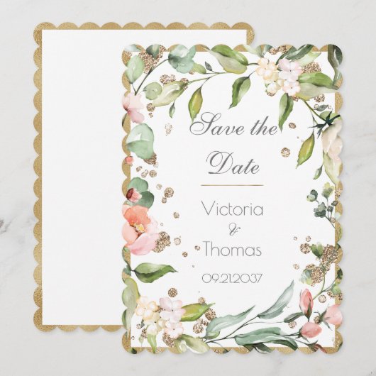 Pink Blush Floral Gold Elegant Botanical Weddensch Save The Date (Voorkant / Achterkant)