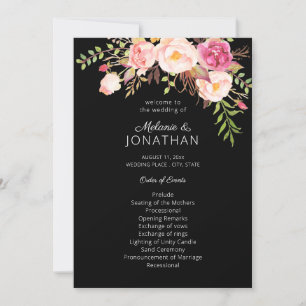Pink Blush Floral Wedding Ceremony Programme Black Kaart