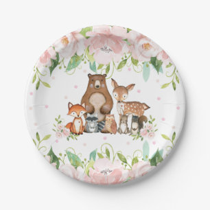 Pink Blush Floral Woodland Animals 1e verjaardag Papieren Bordje