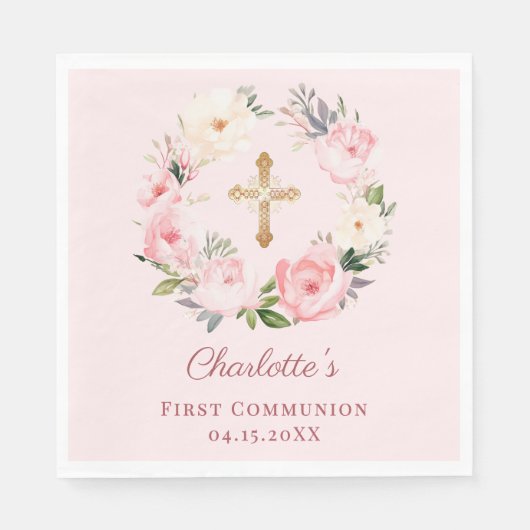 Pink blush floral wreath First Communion luncheon Servet (Voorkant)