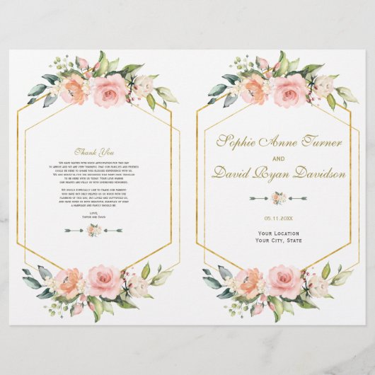 Pink Blush Flowers Gold Lijst Weddenprogramma Flyer (Voorkant)