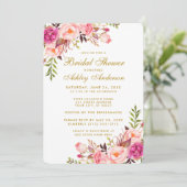 Pink Blush Gold Floral Douche nuptiale Invitation (Debout devant)