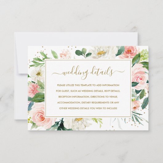 Pink Blush Gold Floral Gold Mariage Détails Carte (Devant)