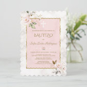 Pink Blush Gold Invitacion De Bautizo Con Flores Kaart (Staand voorkant)