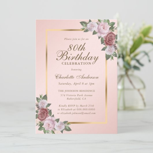 Pink Blush or Floral 80e anniversaire Invitation (Debout devant)