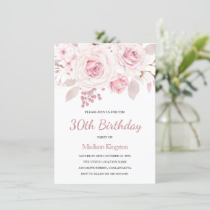 Pink Blush Roos Elegant Womans 30th Birthday Party Kaart