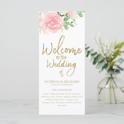 Pink Blush Rose Floral Gold Wedding Programme (Debout devant)