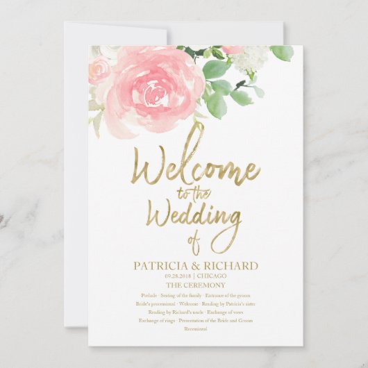 Pink Blush Rose Floral Gold Wedding Programme (Devant)
