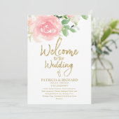 Pink Blush Rose Floral Gold Wedding Programme (Debout devant)