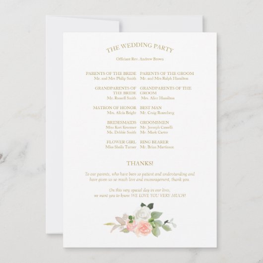 Pink Blush Rose Floral Gold Wedding Programme (Dos)