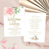 Pink Blush Rose Floral Gold Wedding Programme