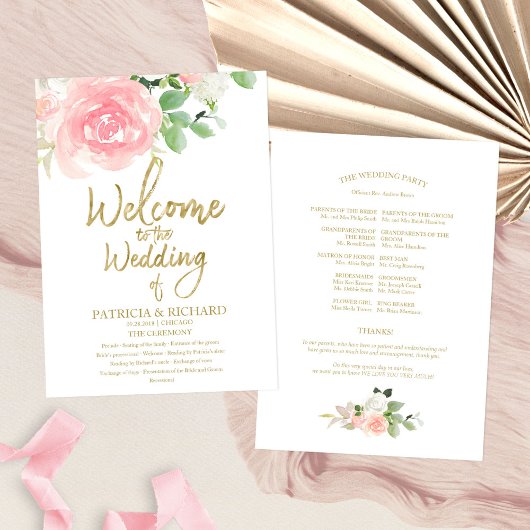 Pink Blush Rose Floral Gold Wedding Programme
