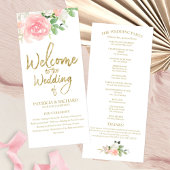 Pink Blush Rose Floral Gold Wedding Programme