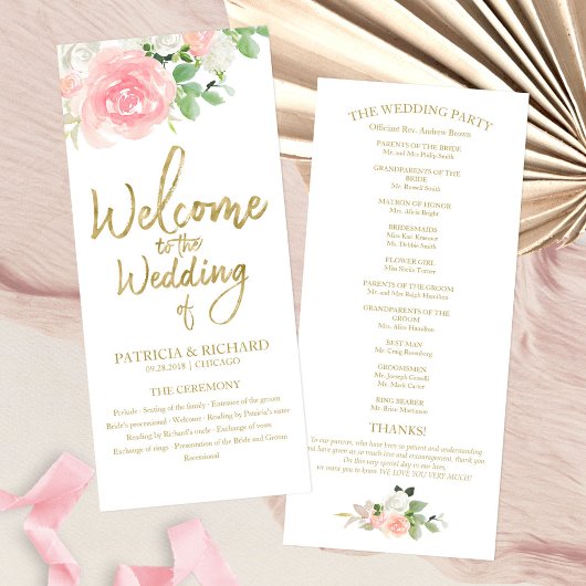 Pink Blush Rozen Floral Gold Wedding Programme
