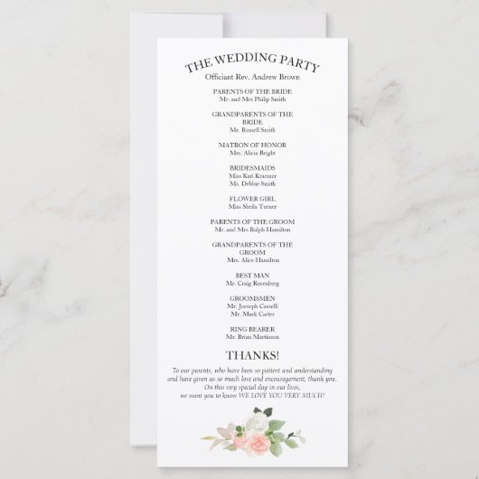 Pink Blush Rozen Floral Waterverf Wedding Programm (Achterkant)