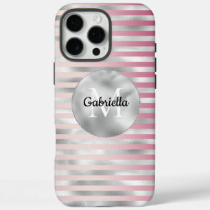Pink Blush Silver Stripes Monogram iPhone 16 Pro Max Hoesje