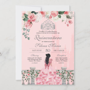 Pink Blush Silver Tiara Royal Princess Quinceañera Kaart